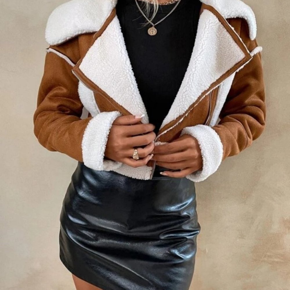 Zip Up Teddy Lined faux-Suede Crop Jacket Coat - Picture 7 of 8
